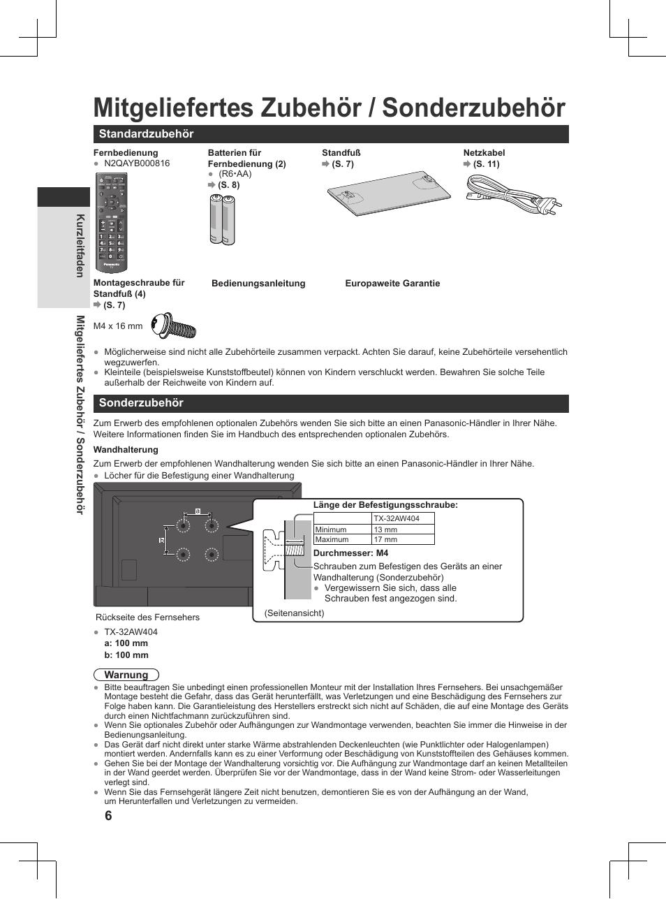Kurzleitfaden, Mitgeliefertes zubehör / sonderzubehör, Standardzubehör | Sonderzubehör, Warnung | Panasonic TX32AW404 User Manual | Page 6 / 288