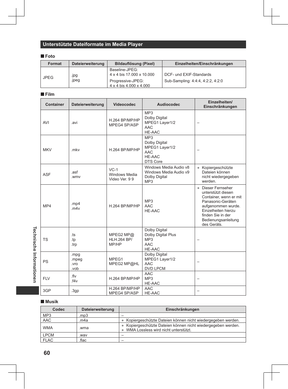 Unterstützte dateiformate im media player, S. 60) | Panasonic TX32AW404 User Manual | Page 60 / 288