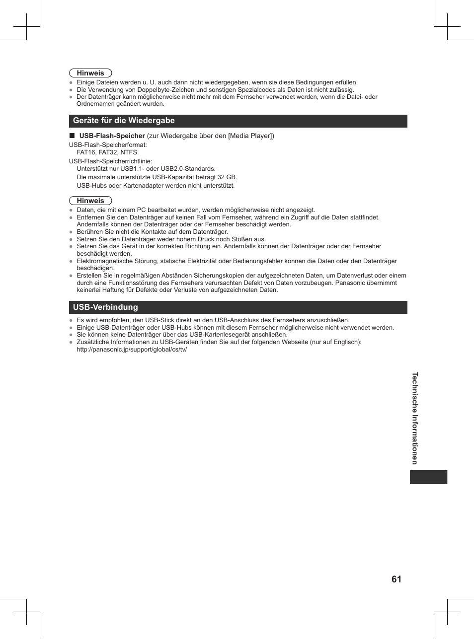 Geräte für die wiedergabe, S. 61), Usb-verbindung | Panasonic TX32AW404 User Manual | Page 61 / 288