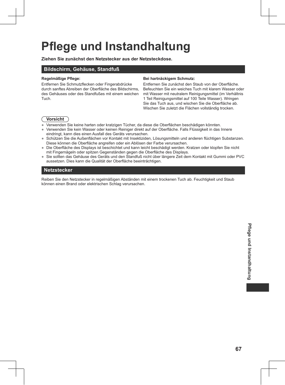 Pflege und instandhaltung | Panasonic TX32AW404 User Manual | Page 67 / 288