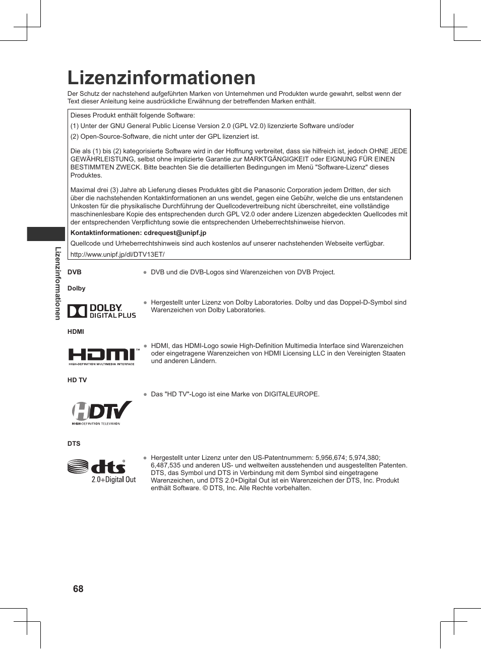 Lizenzinformationen | Panasonic TX32AW404 User Manual | Page 68 / 288