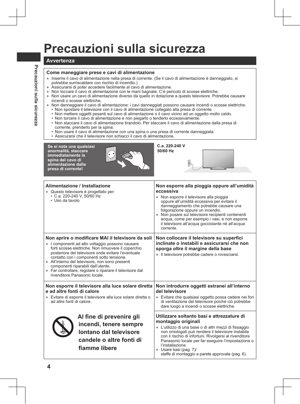 Informazioni importanti, Precauzioni sulla sicurezza, Fiamme libere | Panasonic TX32AW404 User Manual | Page 76 / 288