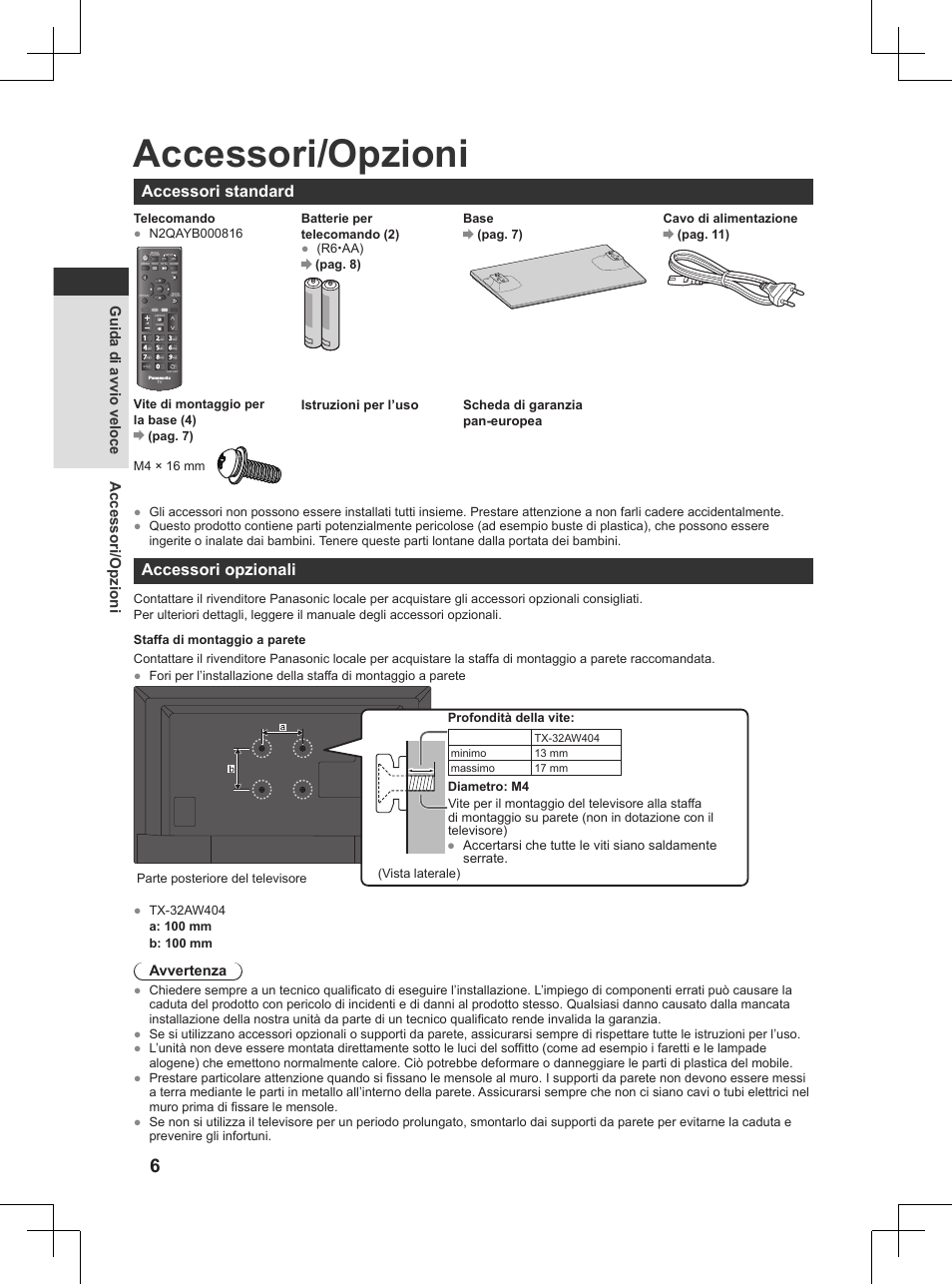 Guida di avvio veloce, Accessori/opzioni, Accessori standard | Accessori opzionali, Accessori/opzioni guida di avvio veloce, Avvertenza | Panasonic TX32AW404 User Manual | Page 78 / 288