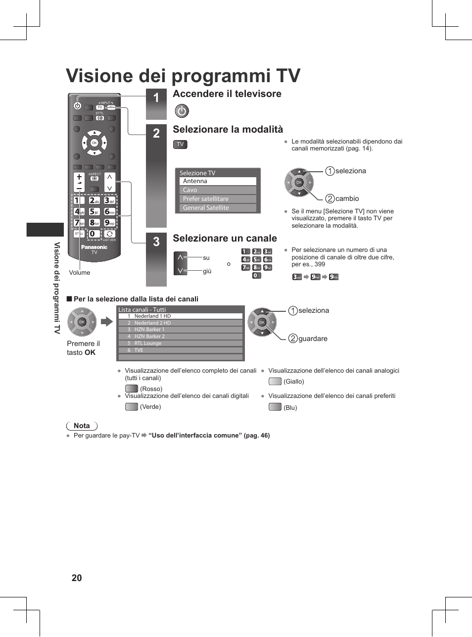 Funzioni di base, Visione dei programmi tv, Pag. 20) | Accendere il televisore, Selezionare la modalità, Selezionare un canale | Panasonic TX32AW404 User Manual | Page 92 / 288