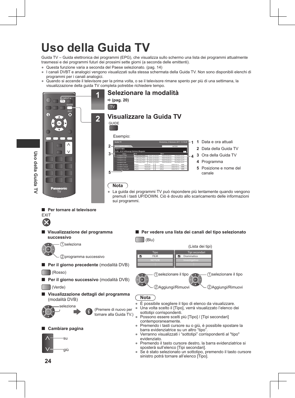 Uso della guida tv, Pag. 24), Selezionare la modalità | Visualizzare la guida tv, Nota | Panasonic TX32AW404 User Manual | Page 96 / 288