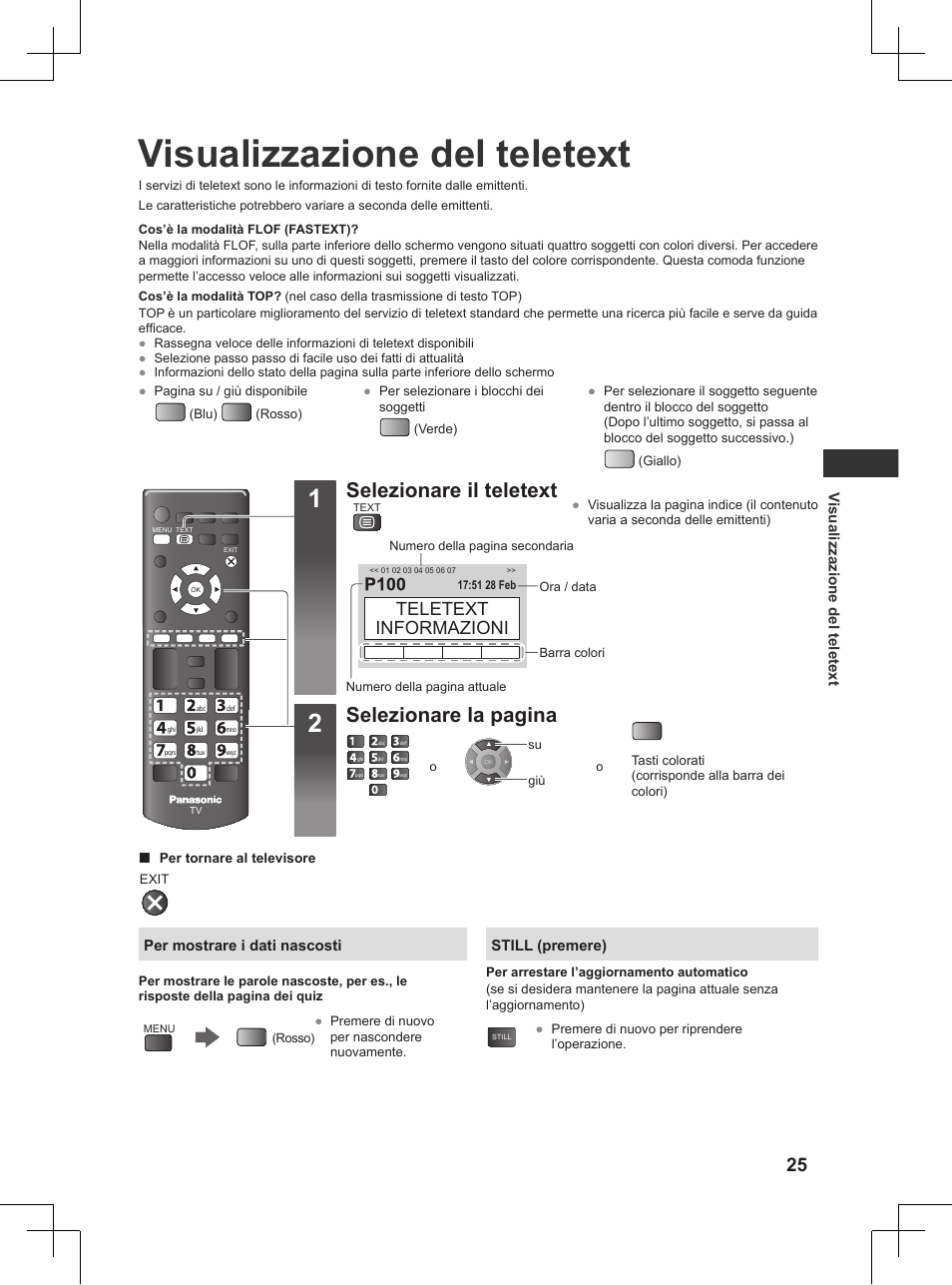 Visualizzazione del teletext, Pag. 25), Selezionare il teletext | Selezionare la pagina, Teletext informazioni | Panasonic TX32AW404 User Manual | Page 97 / 288