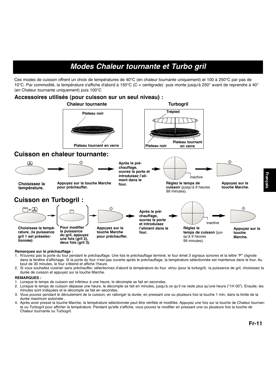 Modes chaleur tournante et turbo gril, Cuisson en chaleur tournante, Cuisson en turbogril | Fr-11, Chaleur tournante turbogril | Panasonic NNA873SBEPG User Manual | Page 12 / 23