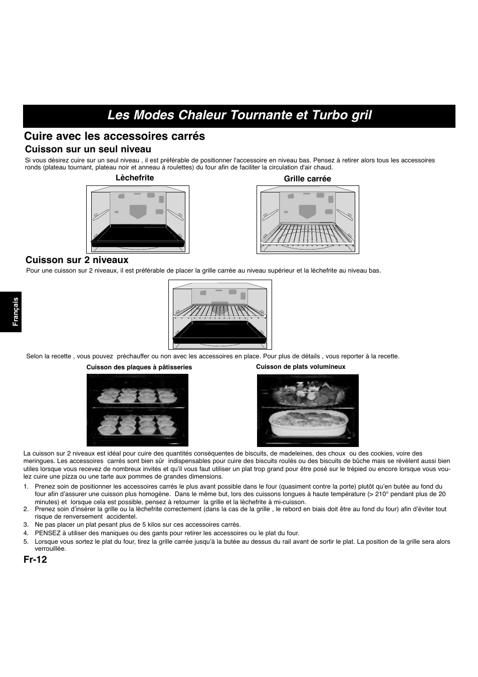 Les modes chaleur tournante et turbo gril, Cuire avec les accessoires carrés, Fr-12 | Cuisson sur 2 niveaux, Cuisson sur un seul niveau | Panasonic NNA873SBEPG User Manual | Page 13 / 23