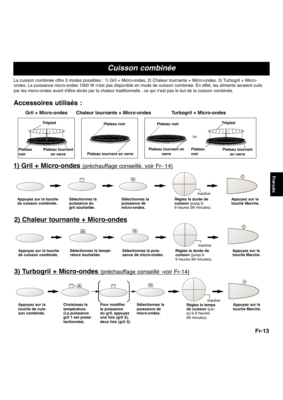 Cuisson combinée, 1) gril + micro-ondes, 2) chaleur tournante + micro-ondes | 3) turbogril + micro-ondes, Accessoires utilisés, Fr-13, Préchauffage conseillé, voir fr- 14), Préchauffage conseillé -voir fr-14), Gril + micro-ondes chaleur tournante + micro-ondes, Turbogril + micro-ondes | Panasonic NNA873SBEPG User Manual | Page 14 / 23