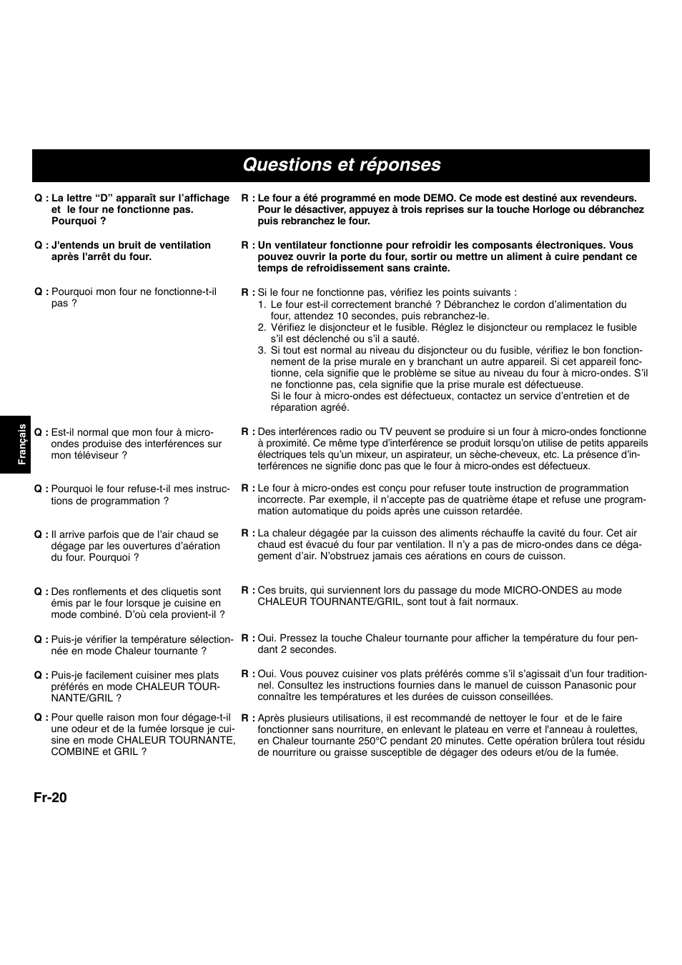 Questions et réponses, Fr-20 | Panasonic NNA873SBEPG User Manual | Page 21 / 23