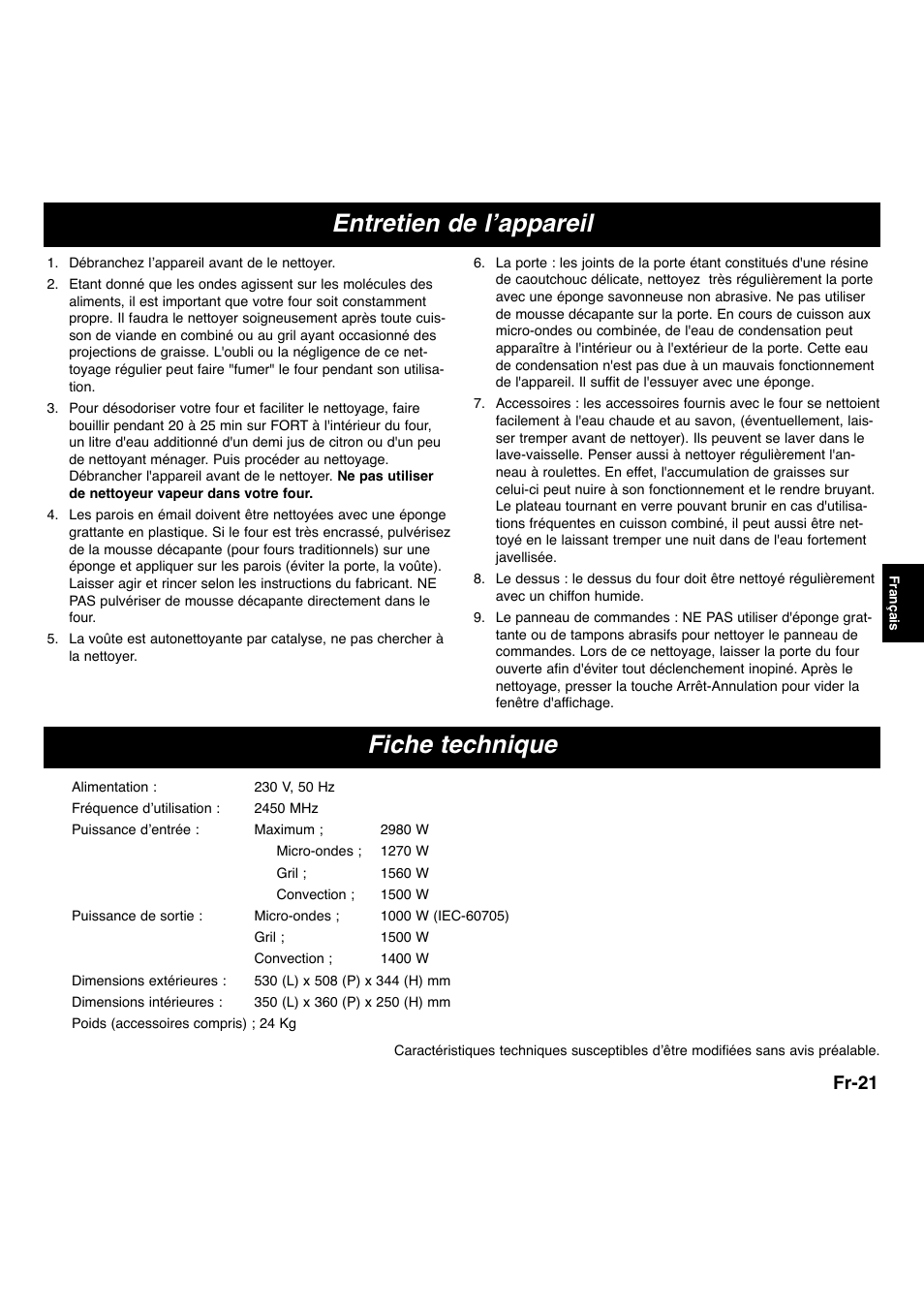Entretien de l’appareil fiche technique, Fr-21 | Panasonic NNA873SBEPG User Manual | Page 22 / 23