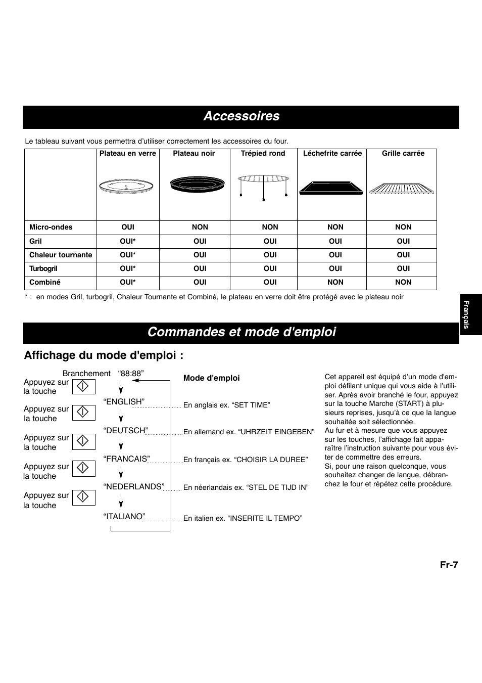 Accessoires, Commandes et mode d'emploi, Affichage du mode d'emploi | Fr-7 | Panasonic NNA873SBEPG User Manual | Page 8 / 23