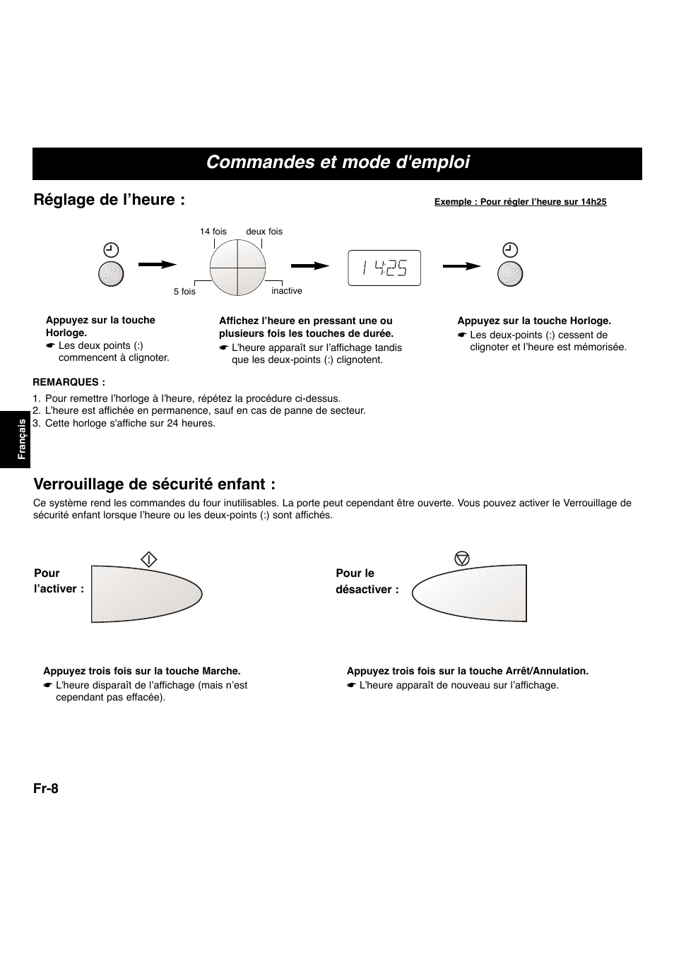 Commandes et mode d'emploi, Verrouillage de sécurité enfant, Réglage de l’heure | Fr-8 | Panasonic NNA873SBEPG User Manual | Page 9 / 23
