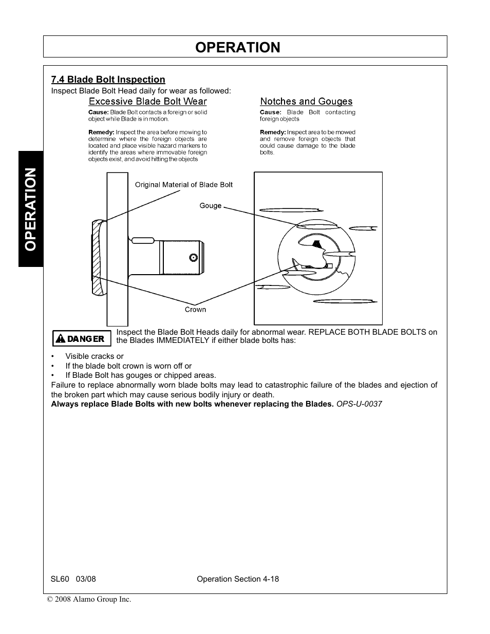 4 blade bolt inspection, Blade bolt inspection -18, Operation | Opera t ion | Alamo SL60 User Manual | Page 102 / 126