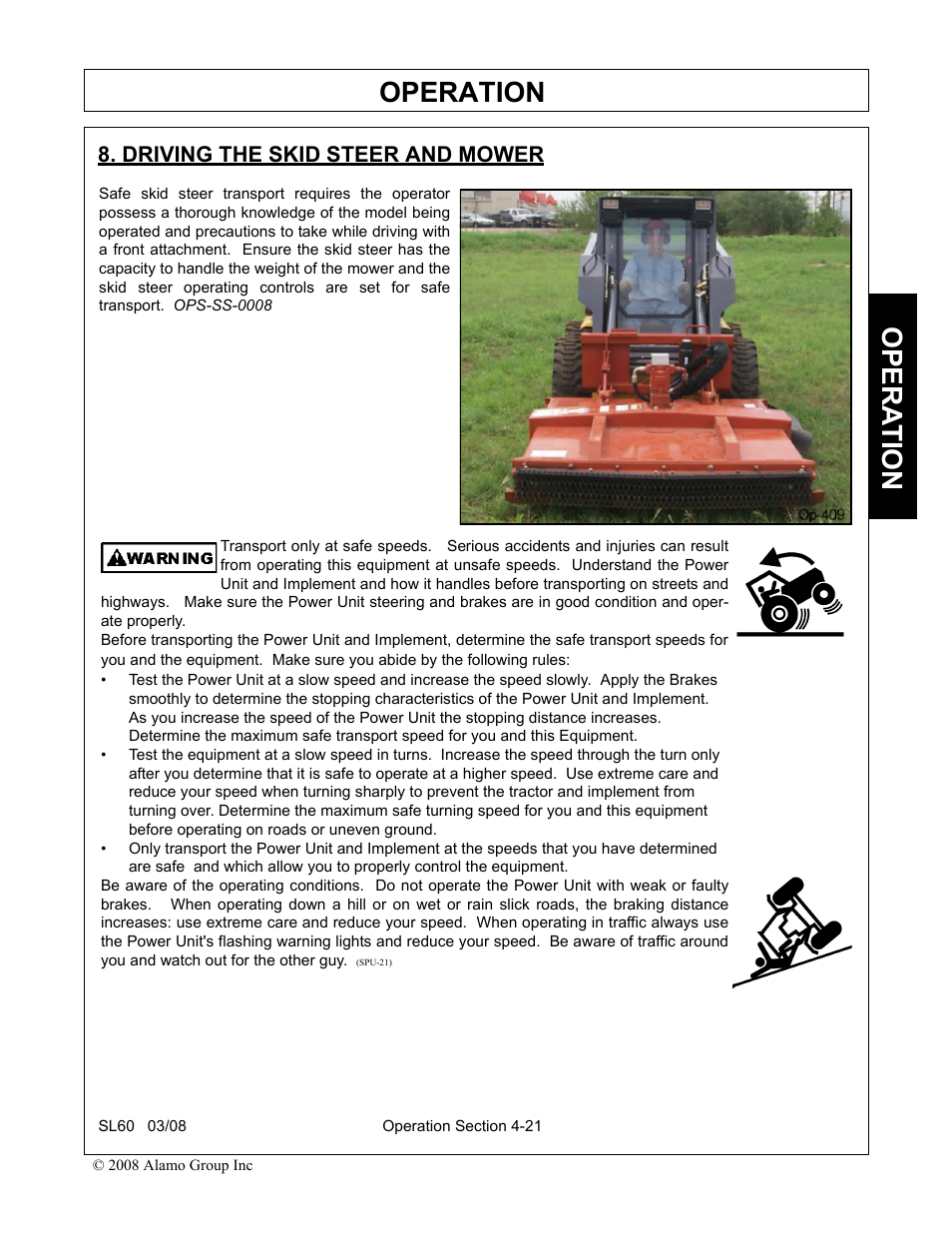 Driving the skid steer and mower, Driving the skid steer and mower -21, Operation | Opera t ion | Alamo SL60 User Manual | Page 105 / 126