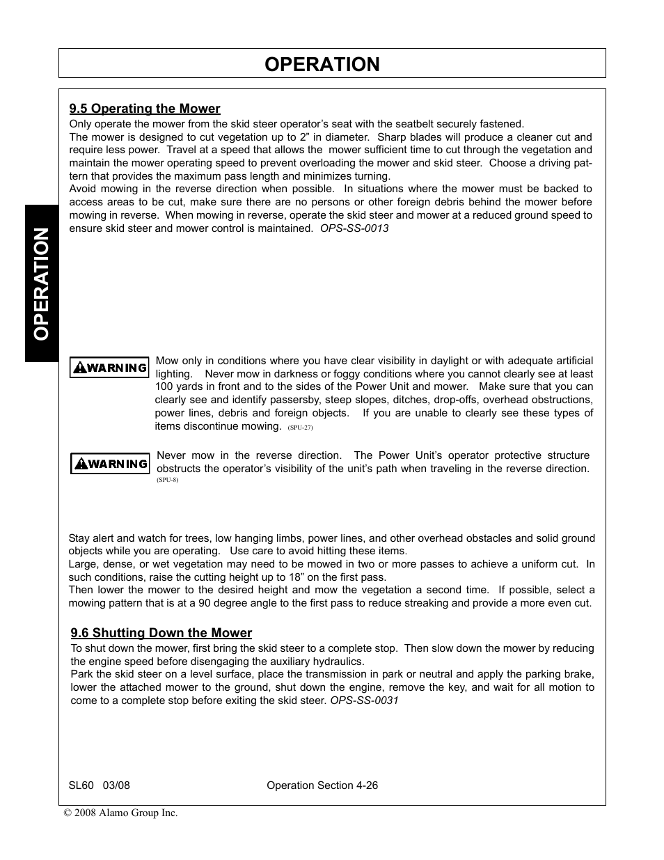 5 operating the mower, 6 shutting down the mower, Operation | Opera t ion | Alamo SL60 User Manual | Page 110 / 126