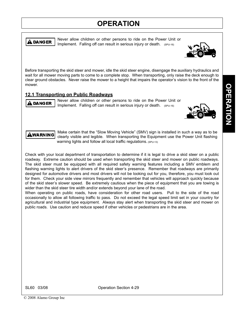 1 transporting on public roadways, Transporting on public roadways -29, Operation | Opera t ion | Alamo SL60 User Manual | Page 113 / 126