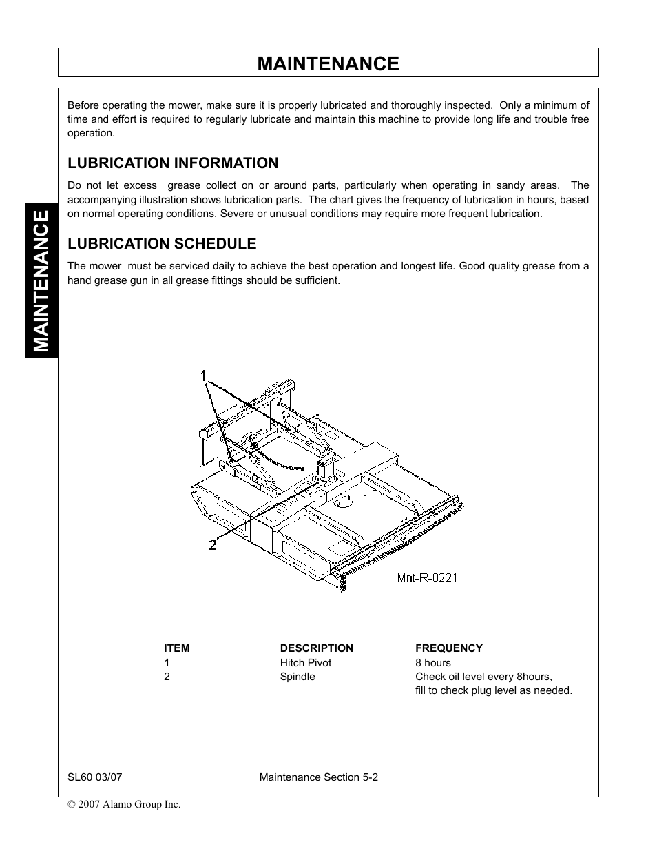 Lubrication information, Lubrication schedule, Lubrication information -2 lubrication schedule -2 | Maintenance | Alamo SL60 User Manual | Page 118 / 126