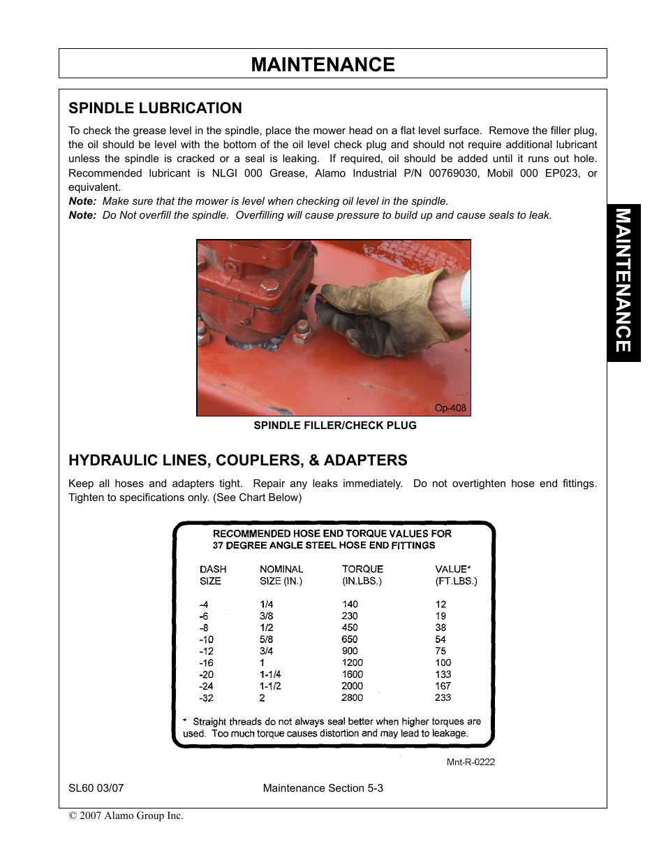 Spindle lubrication, Hydraulic lines, couplers, & adapters, Maintenance | Alamo SL60 User Manual | Page 119 / 126