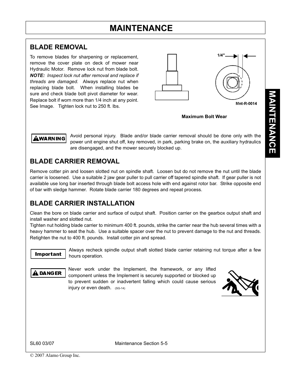 Blade removal, Blade carrier removal, Blade carrier installation | Maintenance | Alamo SL60 User Manual | Page 121 / 126