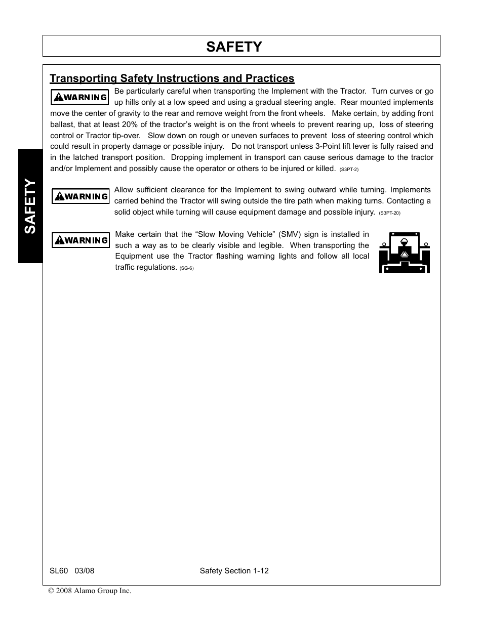 Transporting safety instructions and practices, Transporting safety instructions and practices -12, Safety | Alamo SL60 User Manual | Page 18 / 126