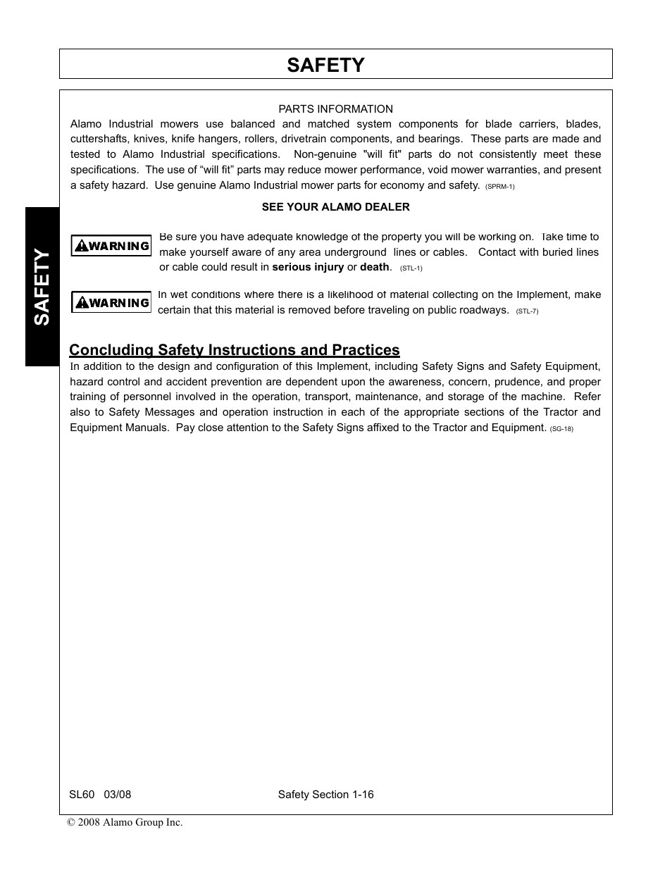 Concluding safety instructions and practices, Concluding safety instructions and practices -16, Safety | Alamo SL60 User Manual | Page 22 / 126