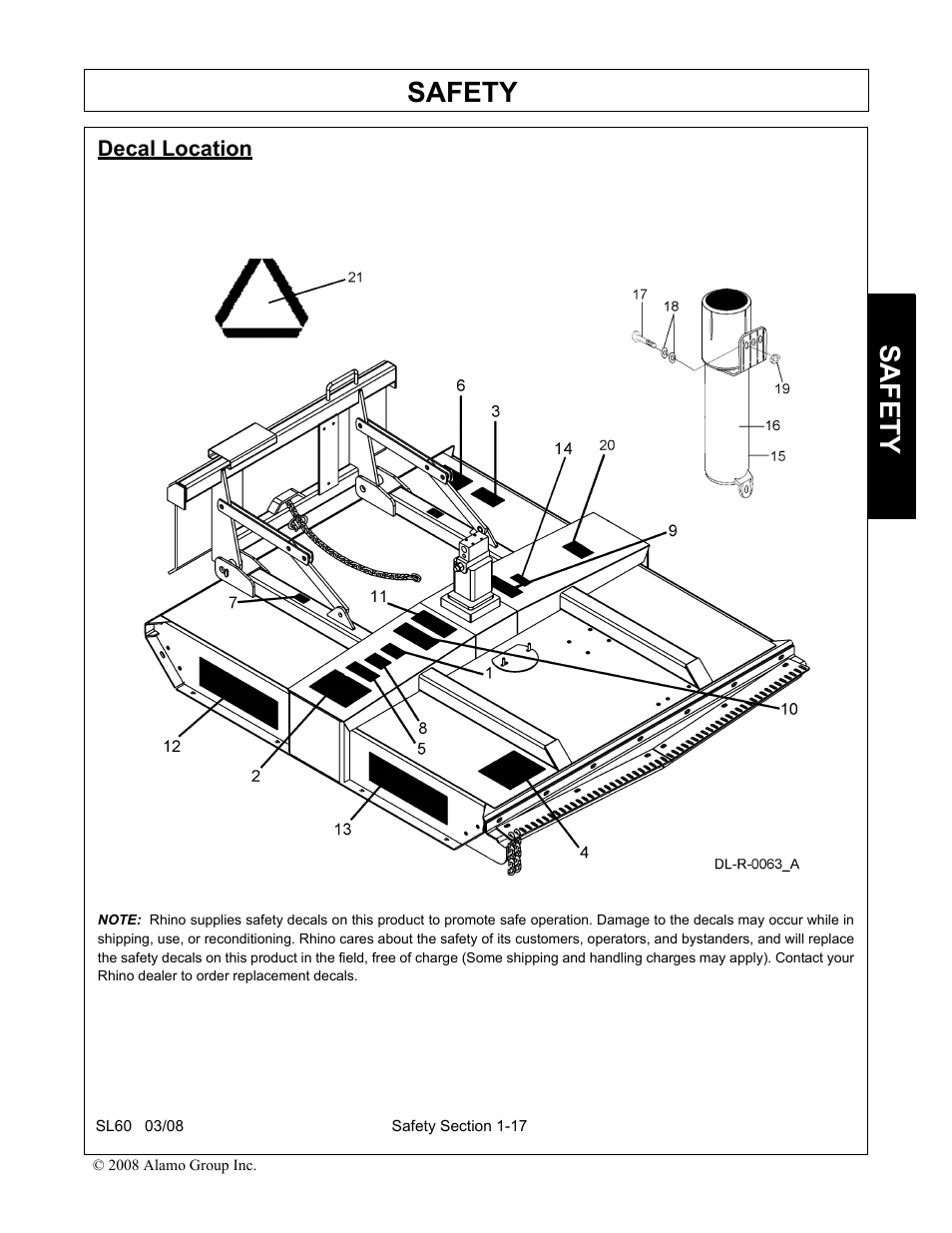 Decal location, Decal location -17, Safety | Alamo SL60 User Manual | Page 23 / 126