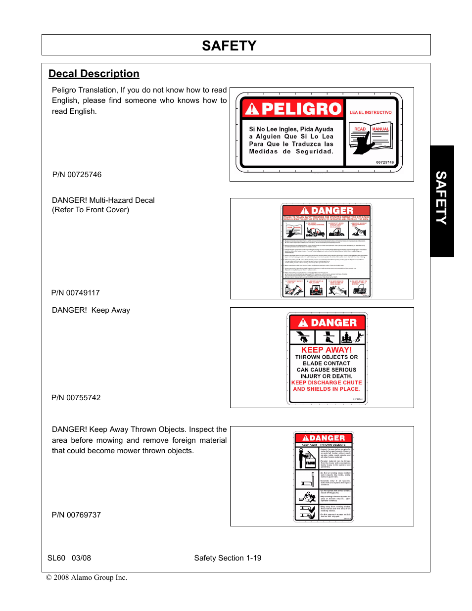 Decal description, Decal description -19, Safety | Alamo SL60 User Manual | Page 25 / 126