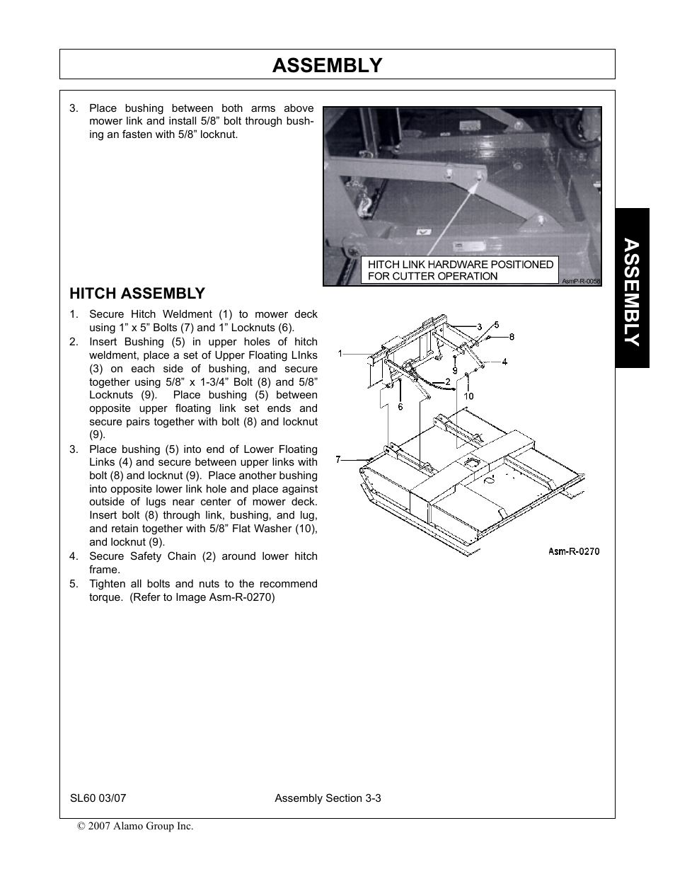 Hitch assembly, Secure safety chain (2) around lower hitch frame, Hitch assembly -3 | Assembly, Assembl y | Alamo SL60 User Manual | Page 81 / 126