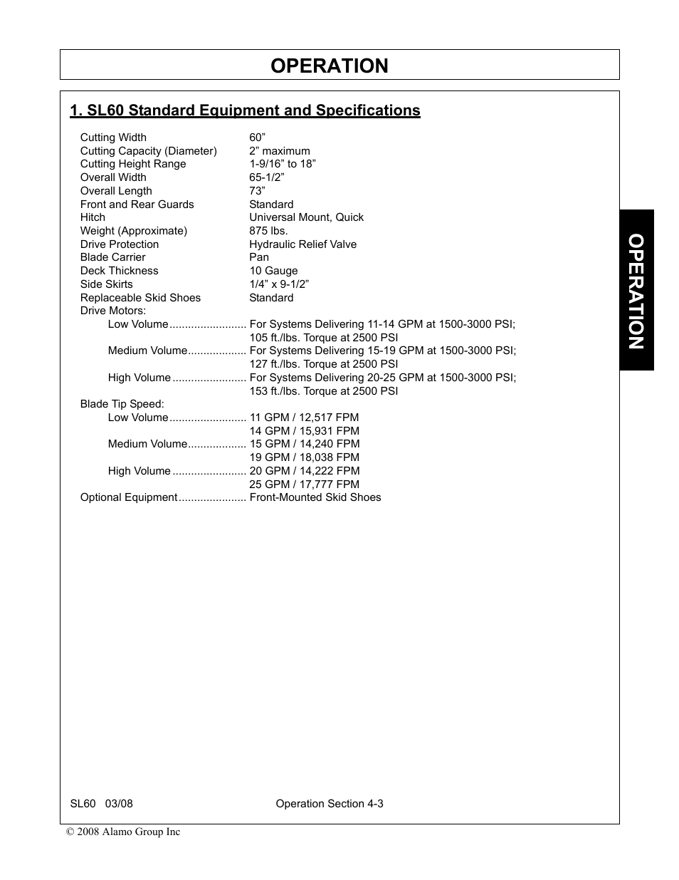 Sl60 standard equipment and specifications, Sl60 standard equipment and specifications -3, Operation | Opera t ion | Alamo SL60 User Manual | Page 87 / 126