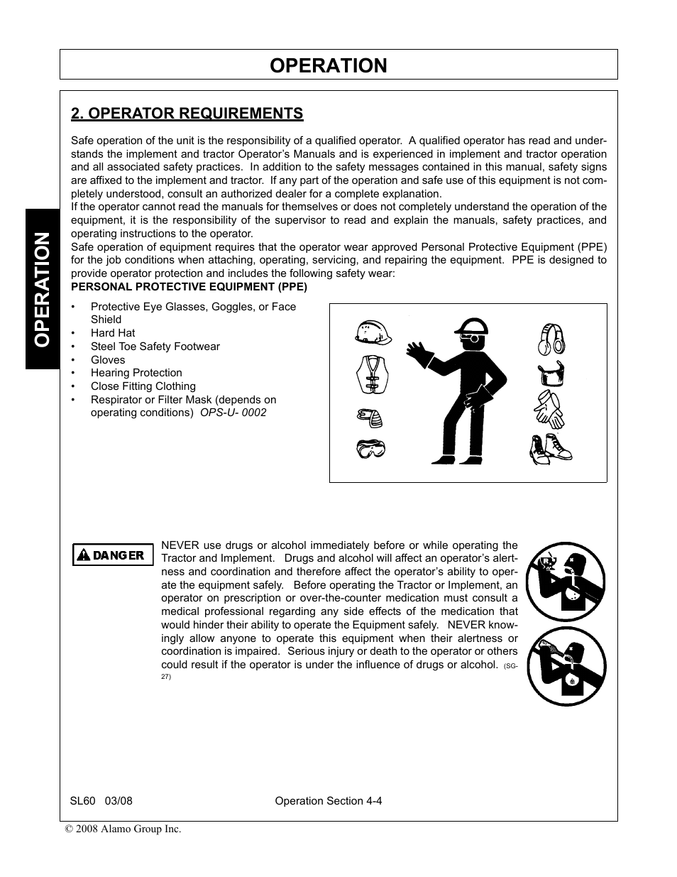 Operator requirements, Operator requirements -4, Operation | Opera t ion | Alamo SL60 User Manual | Page 88 / 126