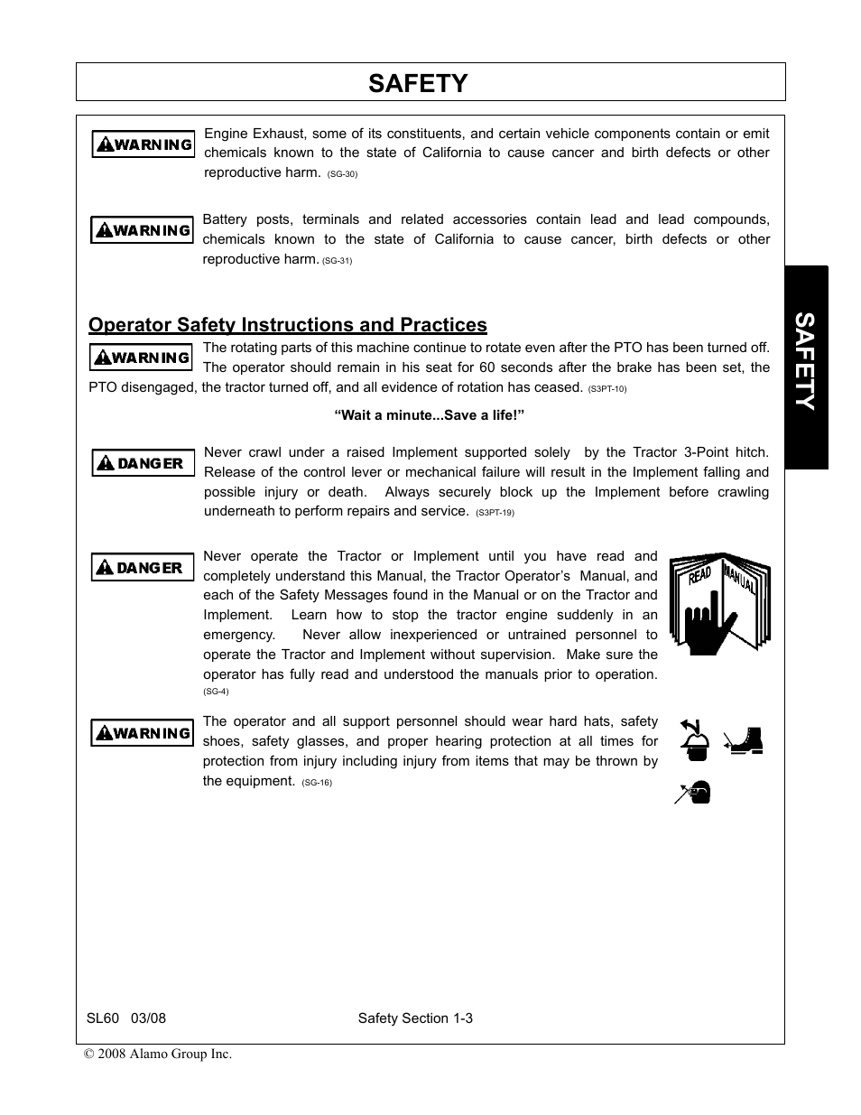 Operator safety instructions and practices, Operator safety instructions and practices -3, Safety | Alamo SL60 User Manual | Page 9 / 126