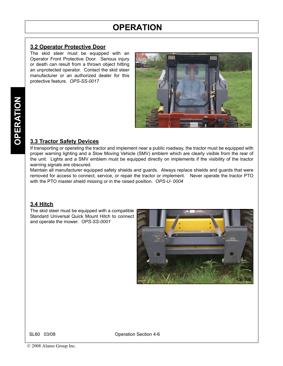 2 operator protective door, 3 tractor safety devices, 4 hitch | Operation, Opera t ion | Alamo SL60 User Manual | Page 90 / 126