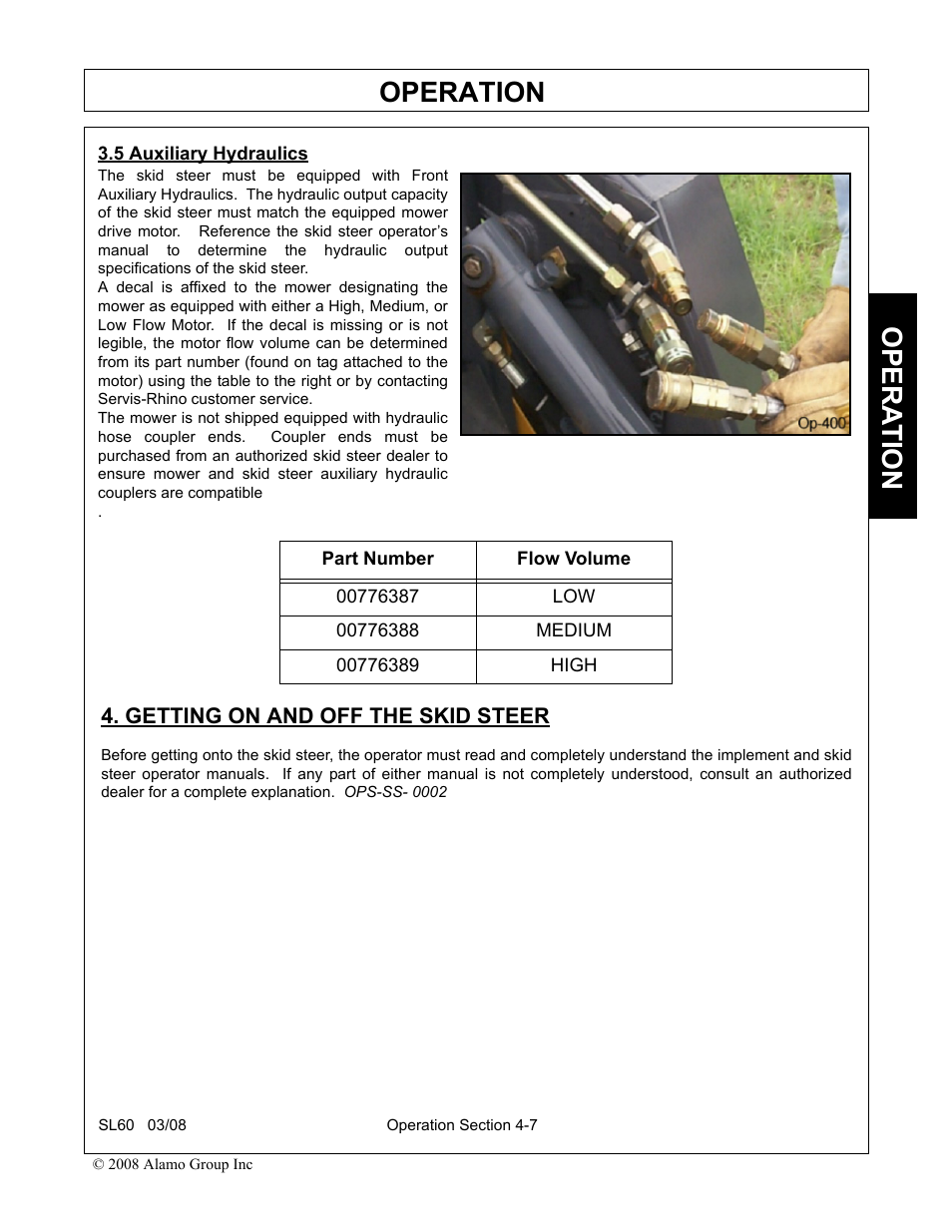 5 auxiliary hydraulics, Getting on and off the skid steer, Operation | Opera t ion | Alamo SL60 User Manual | Page 91 / 126