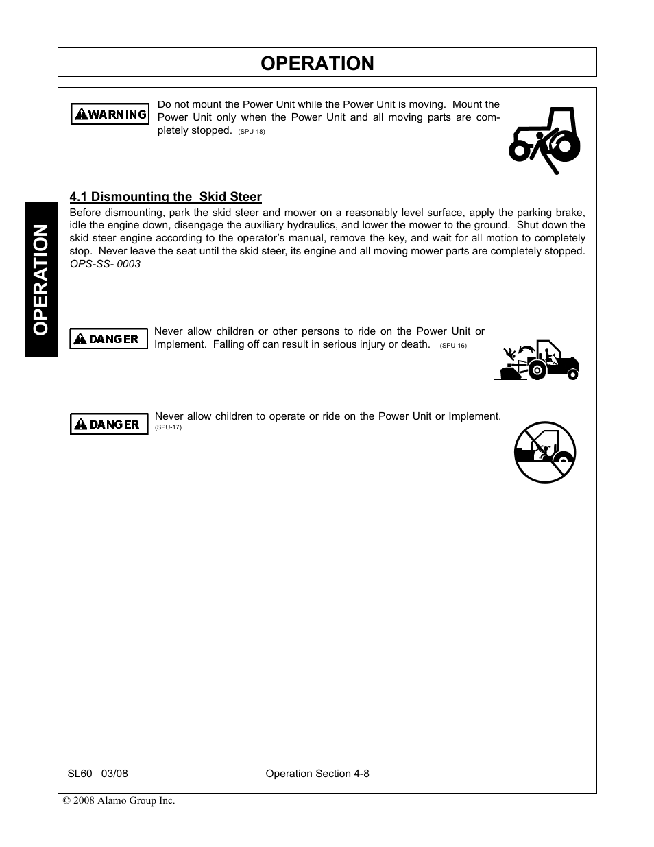 1 dismounting the skid steer, Dismounting the skid steer -8, Operation | Opera t ion | Alamo SL60 User Manual | Page 92 / 126