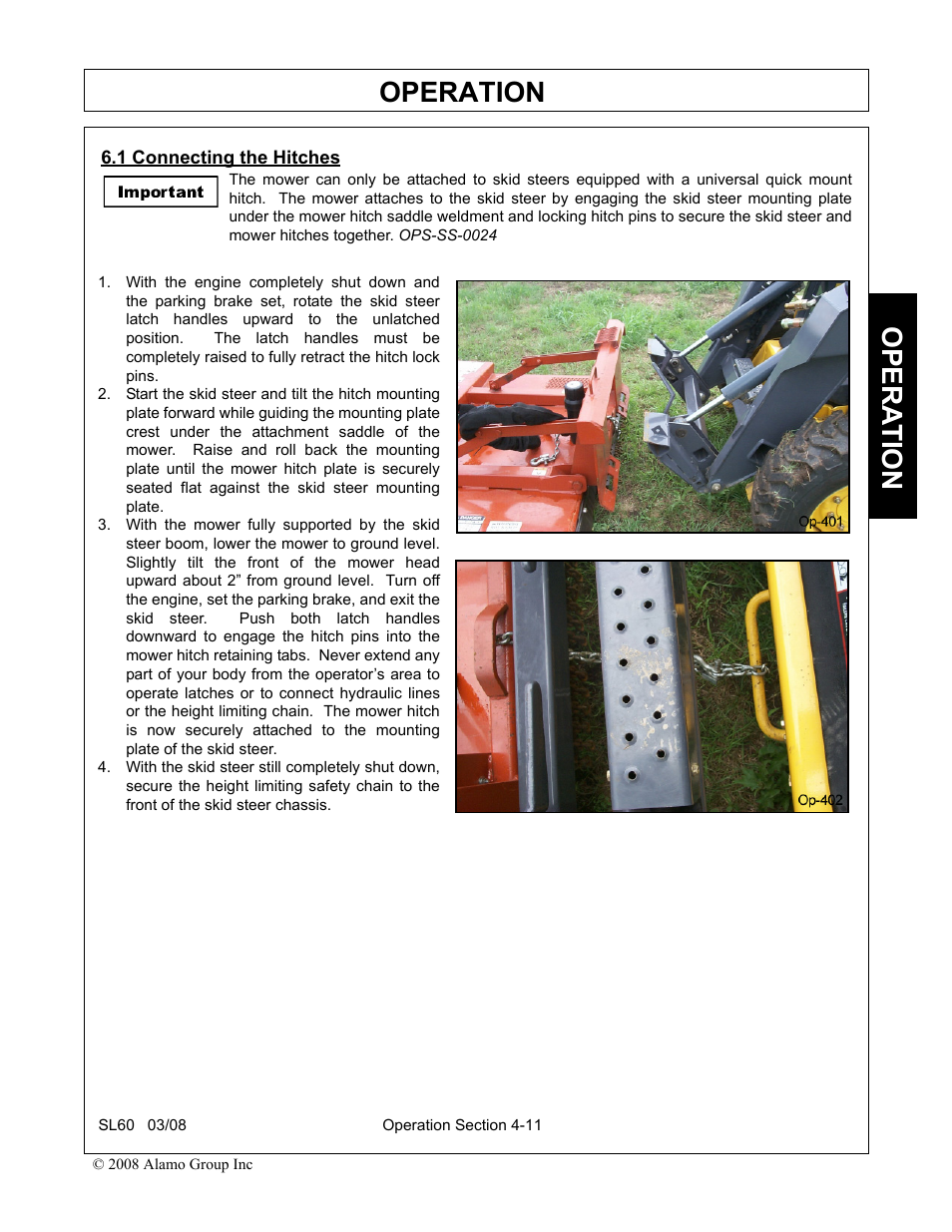 1 connecting the hitches, Connecting the hitches -11, Operation | Opera t ion | Alamo SL60 User Manual | Page 95 / 126