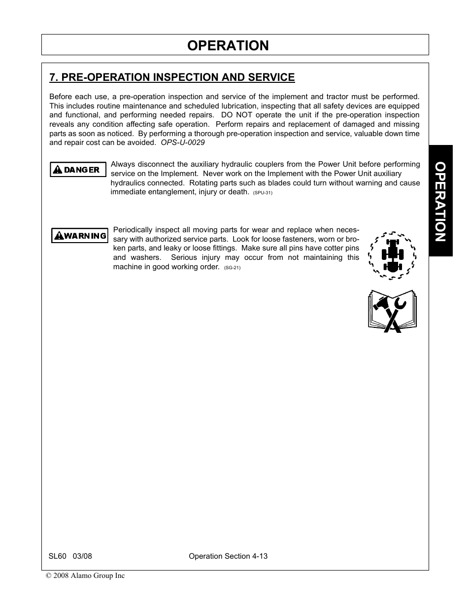 Pre-operation inspection and service, Pre-operation inspection and service -13, Operation | Opera t ion | Alamo SL60 User Manual | Page 97 / 126