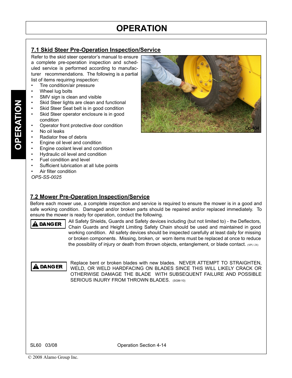 1 skid steer pre-operation inspection/service, 2 mower pre-operation inspection/service, Operation | Opera t ion | Alamo SL60 User Manual | Page 98 / 126