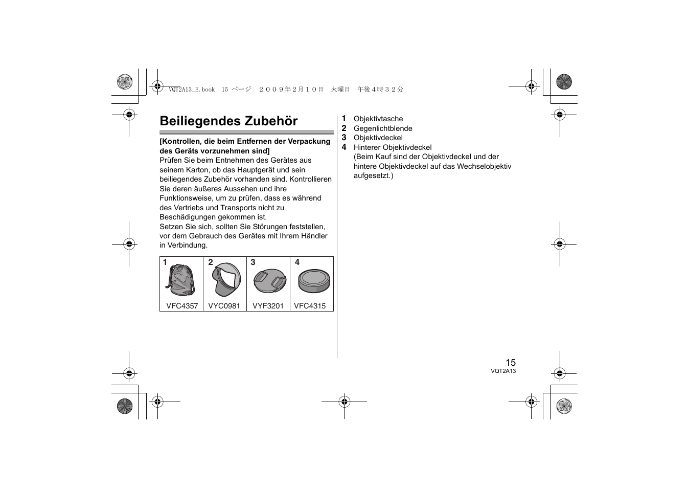 Beiliegendes zubehör | Panasonic HFS014045 User Manual | Page 15 / 72