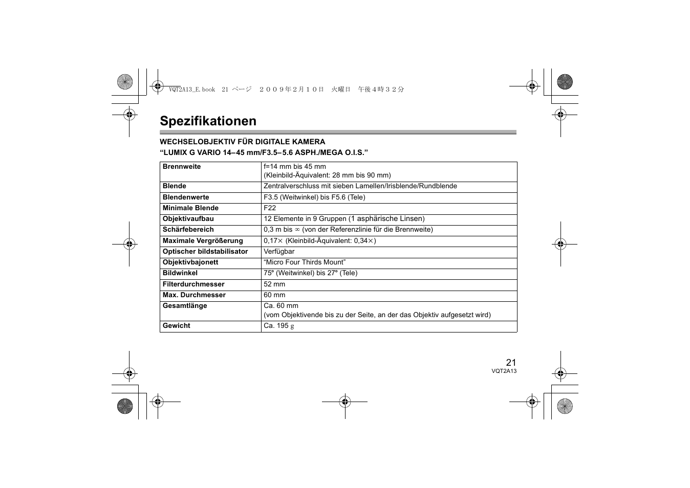 Spezifikationen | Panasonic HFS014045 User Manual | Page 21 / 72