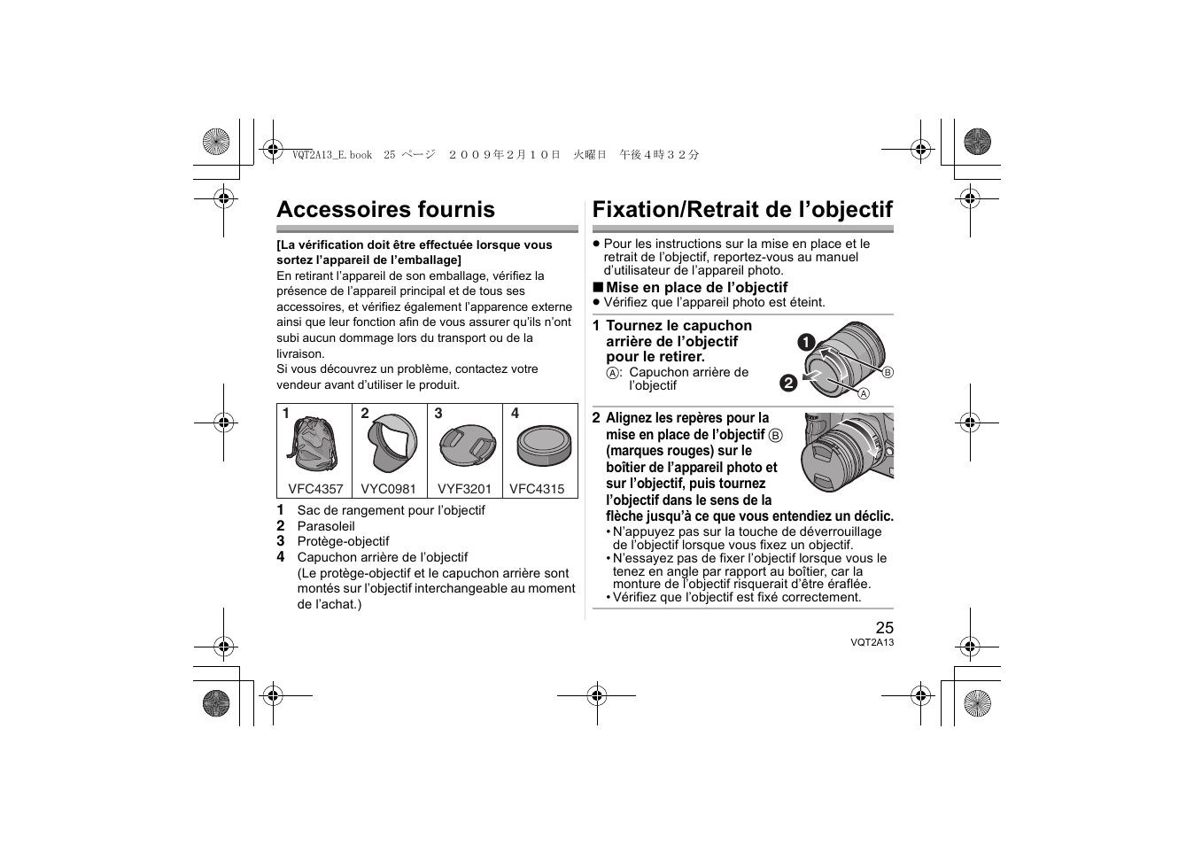 Accessoires fournis, Fixation/retrait de l’objectif | Panasonic HFS014045 User Manual | Page 25 / 72