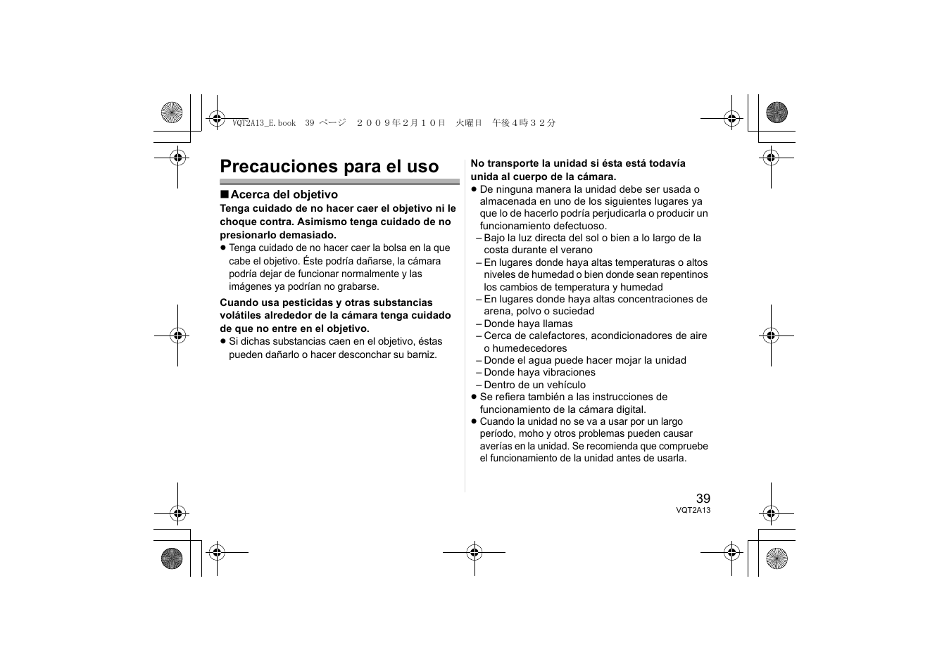 Precauciones para el uso | Panasonic HFS014045 User Manual | Page 39 / 72