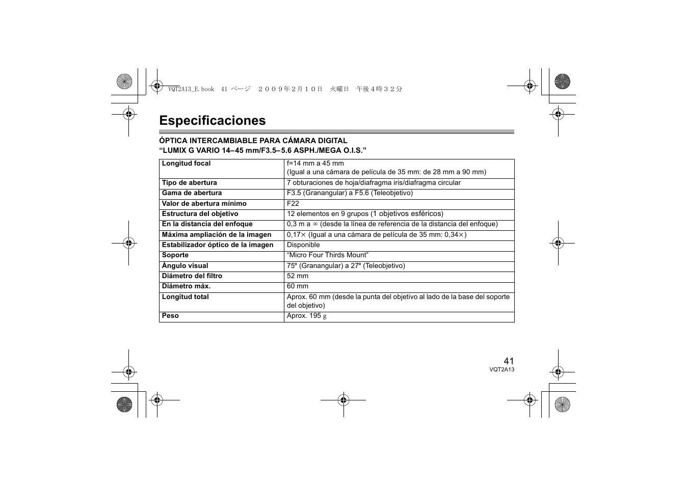 Especificaciones | Panasonic HFS014045 User Manual | Page 41 / 72