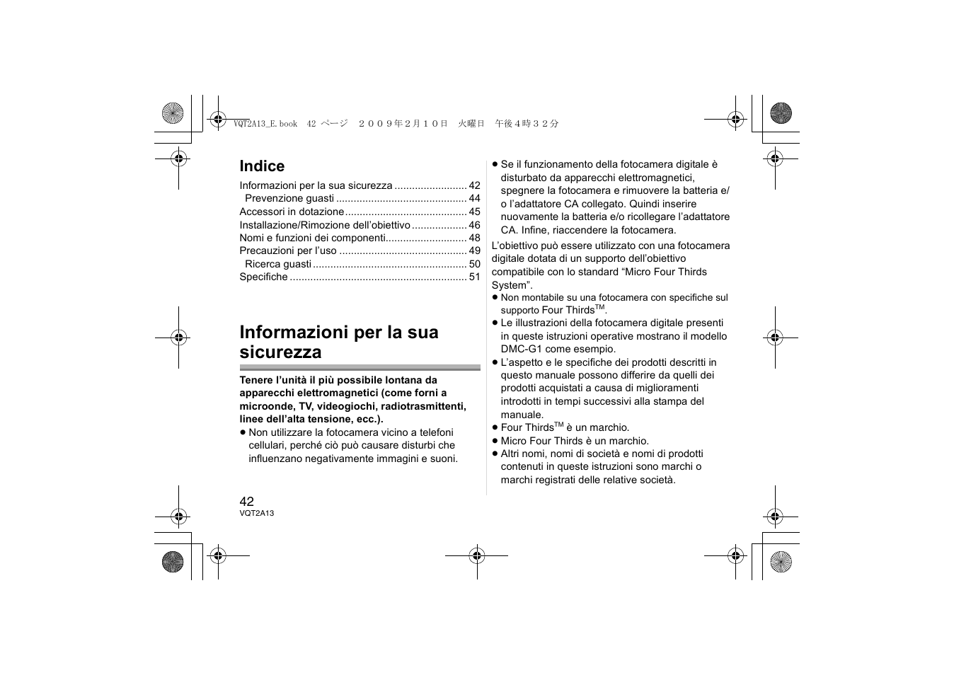 Informazioni per la sua sicurezza, Indice | Panasonic HFS014045 User Manual | Page 42 / 72