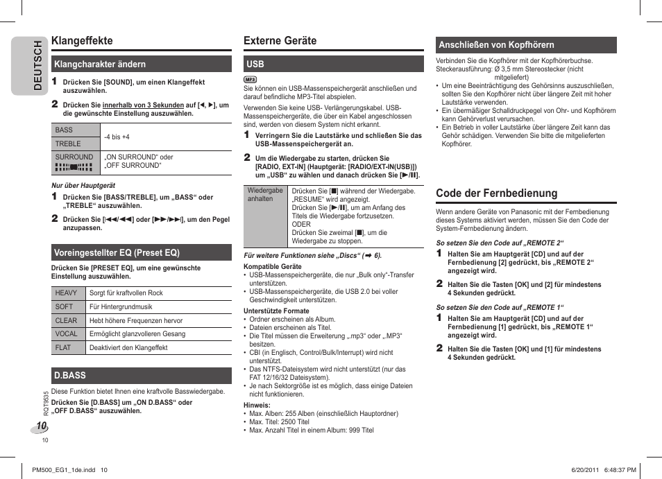 Klangeffekte, Externe geräte, Code der fernbedienung | Panasonic SCPM500 User Manual | Page 10 / 80