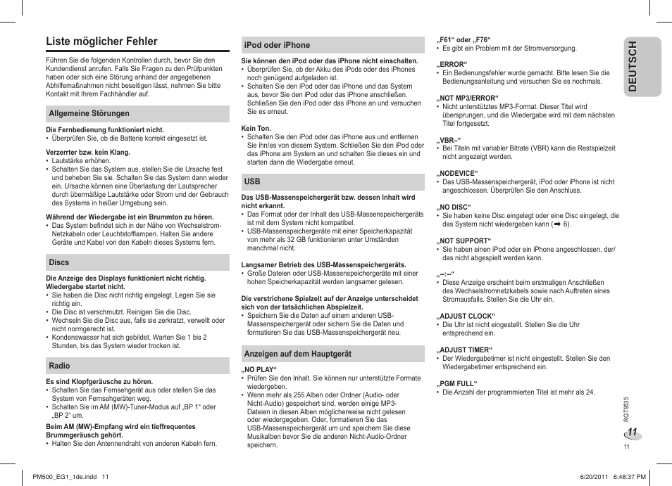 Liste möglicher fehler | Panasonic SCPM500 User Manual | Page 11 / 80