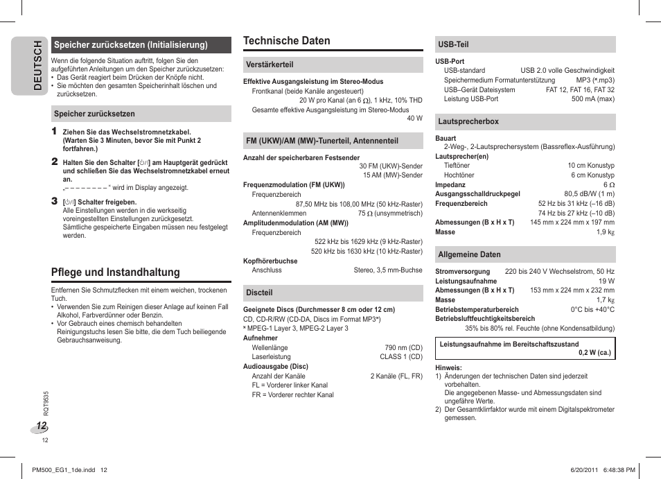 Pflege und instandhaltung, Technische daten | Panasonic SCPM500 User Manual | Page 12 / 80