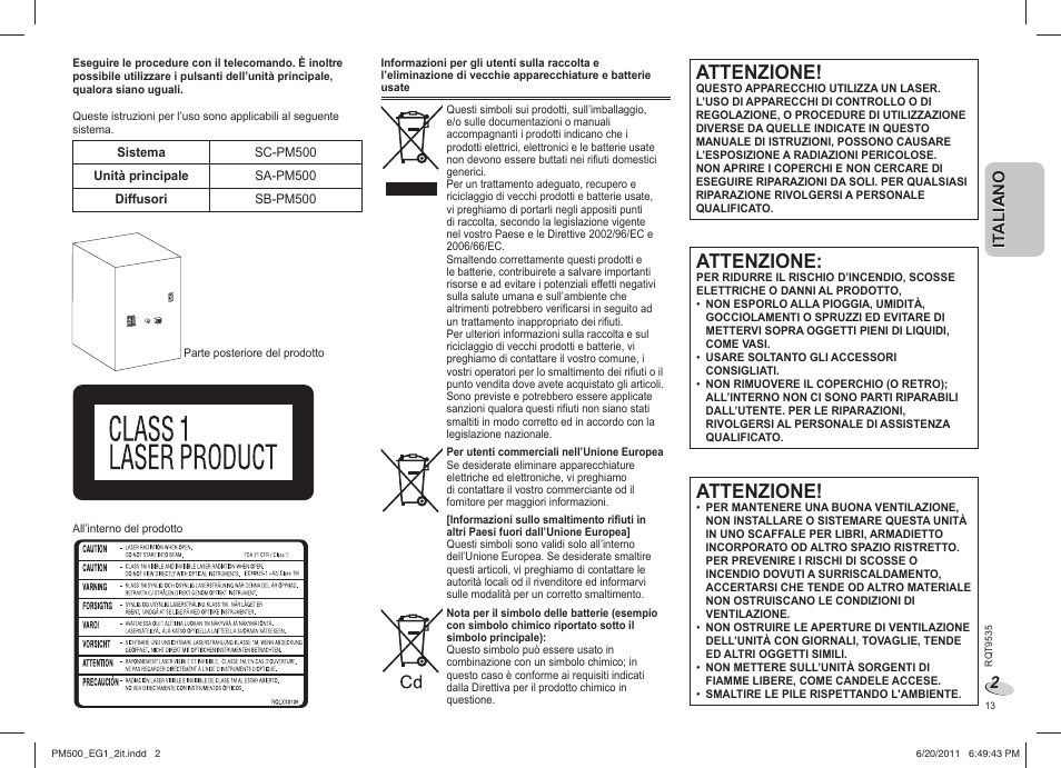 Attenzione | Panasonic SCPM500 User Manual | Page 13 / 80