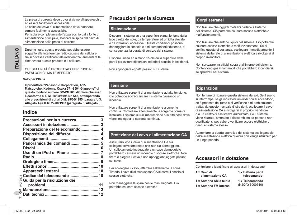 Precauzioni per la sicurezza, Accessori in dotazione, Indice | Panasonic SCPM500 User Manual | Page 14 / 80