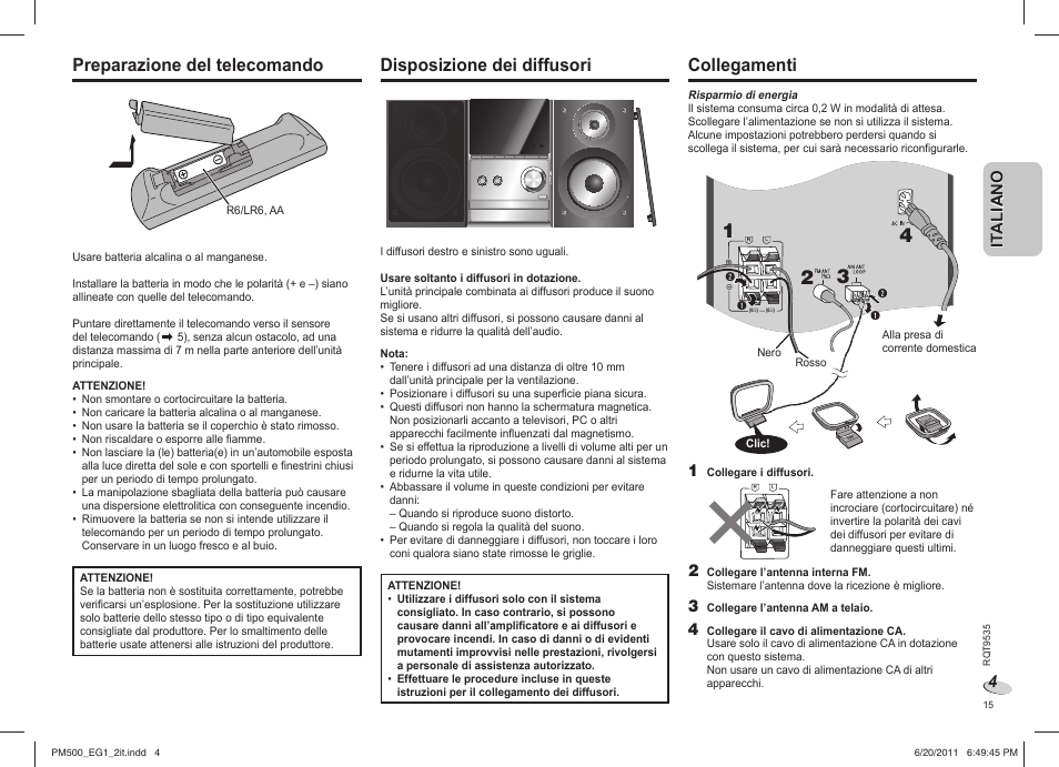 Preparazione del telecomando, Disposizione dei diffusori, Collegamenti | Panasonic SCPM500 User Manual | Page 15 / 80